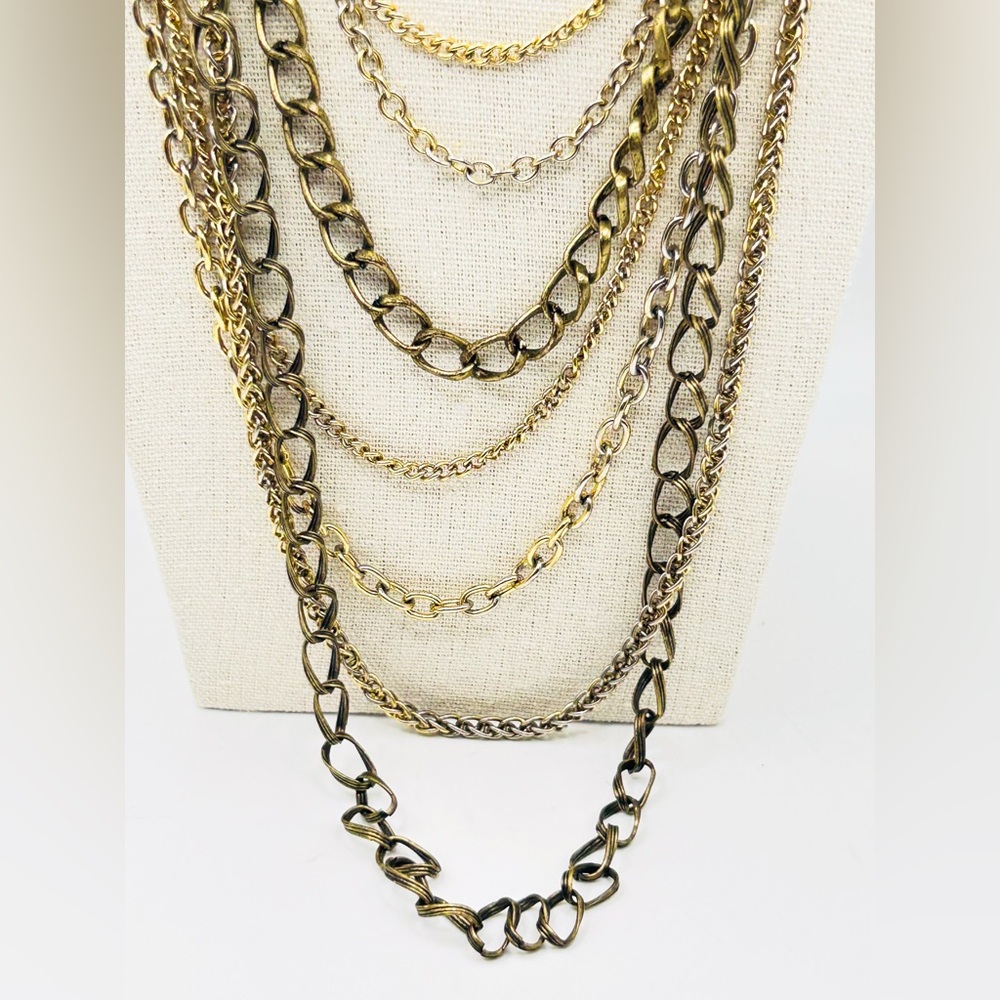 Vintage 7-Strand Mixed Metal Layered Chain Necklace - Picture 3 of 10